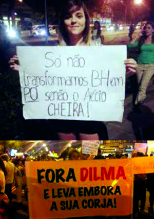 PSDB de Aécio Neves incita manifestações políticas através de cartazes dentro dos estádios da Copa – Pode ser tiro no pé! exemplo de cartazes